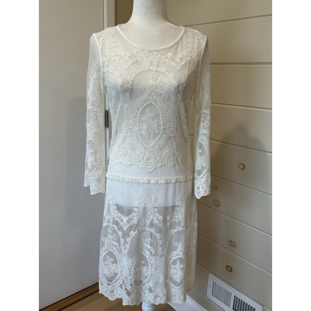 Zara Dress Ivory Lace Mesh Sheer Long Sleeve Floral Scalloped Midi Wedding Event
